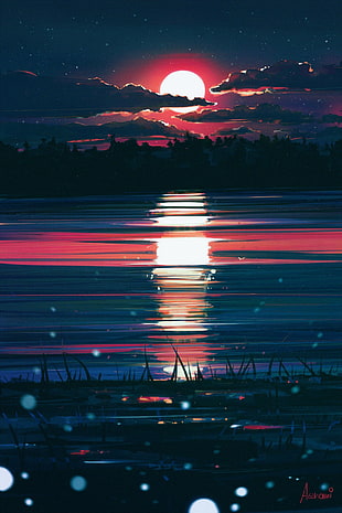 body of water during sunset painting, sunset, illustration, water, night
