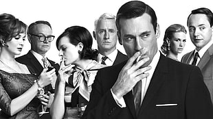 grayscale photo of people, Mad Men, smoking, monochrome, Don Draper