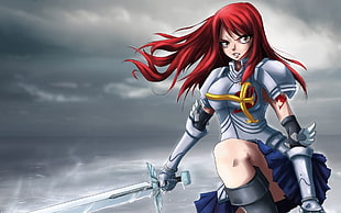 red haired female anime character holding sword, anime, Fairy Tail, Scarlet Erza, redhead HD wallpaper