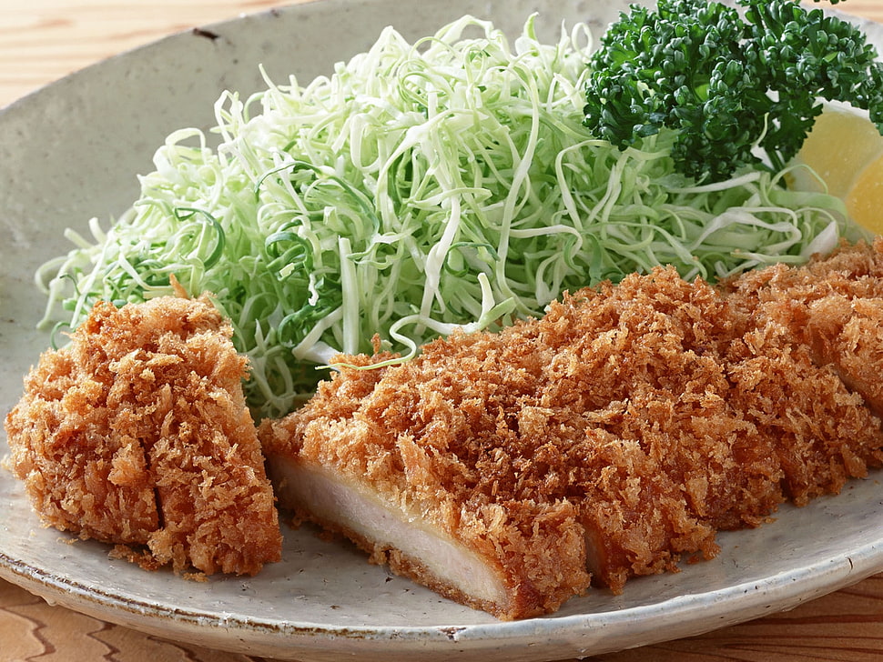 fried meat with vegetable on ceramic plate HD wallpaper