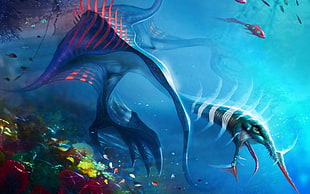 blue fish illustration, creature, underwater, sea monsters HD wallpaper