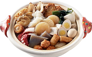 dish with squid, Quail eggs, and meal in white ceramic bowl