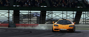 yellow racing car, McLaren F1, race tracks, car, Drifting