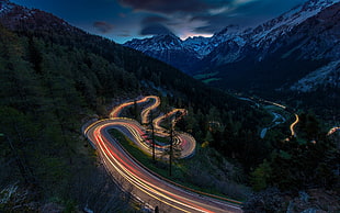 lighted winding road, nature, landscape, mist, mountains