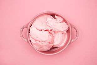 white and pink ceramic bowl, cup, ice cream