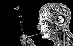 human skeletal system smoking illustration, artwork, skull, monochrome