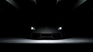gray Lamborghini Aventador in dark room