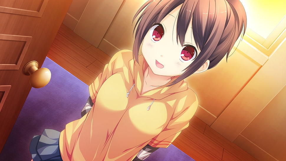 brown haired girl in yellow hoodie anime illustration HD wallpaper