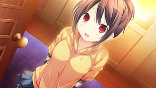 brown haired girl in yellow hoodie anime illustration