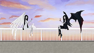 female angel and devil illustration, evil, angel, rabbits, drawing HD wallpaper