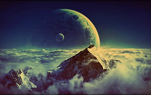 snow covered mountain, rock, planet, artwork
