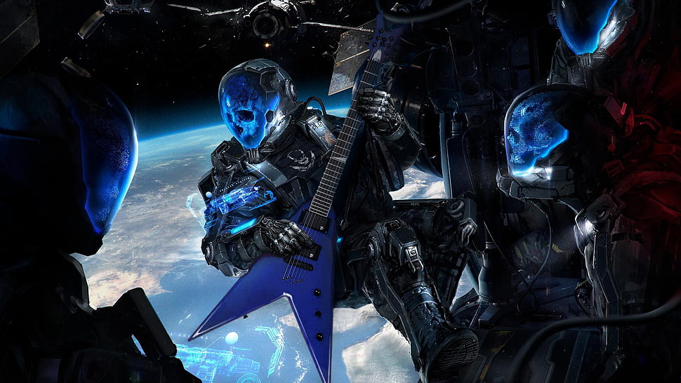 blue electric guitar illustration, artwork, digital art, futuristic, science fiction HD wallpaper