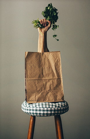 hand holding coriander in brown paper bag