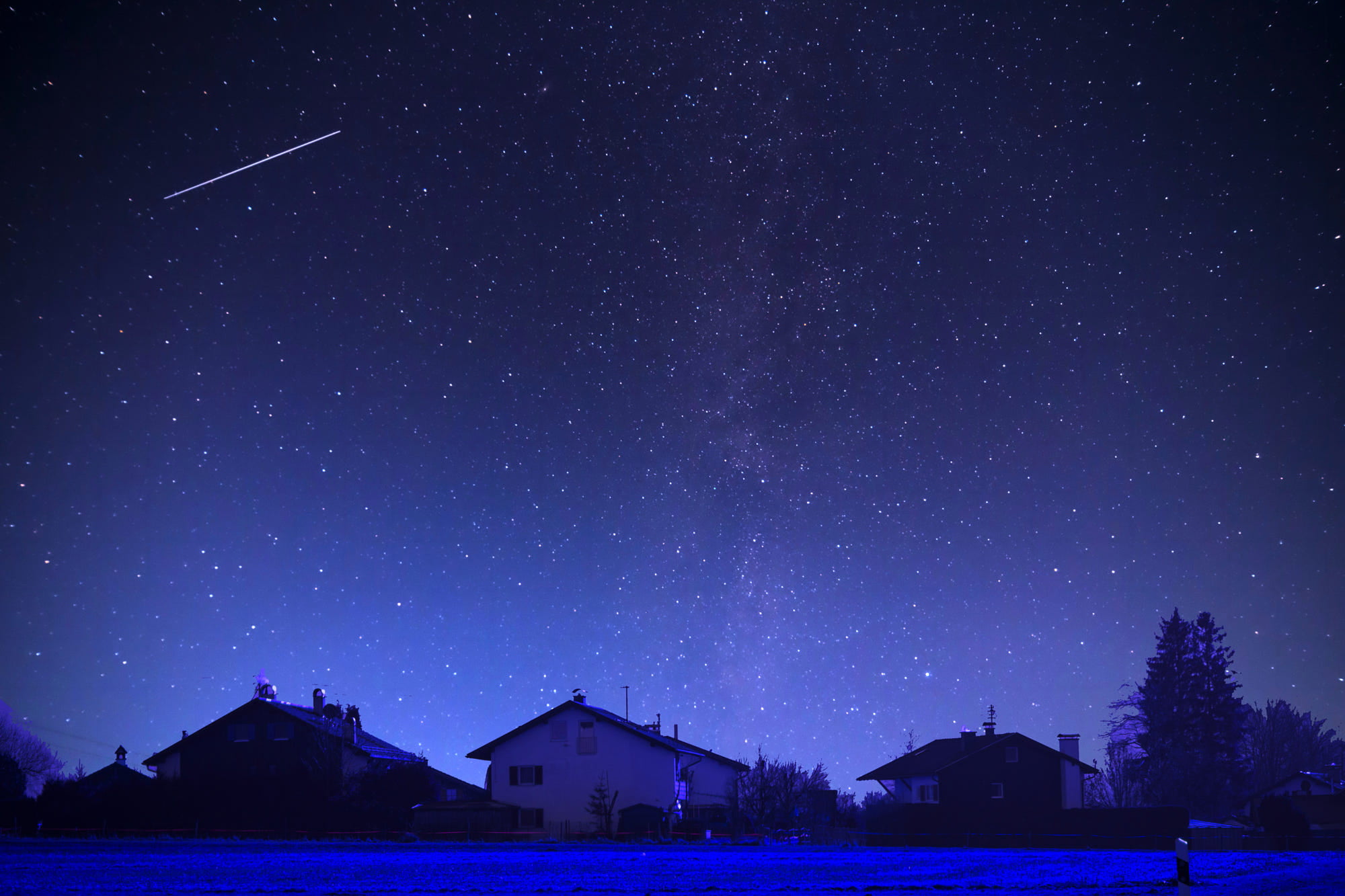 house under starry sky with shooting star, photography, landscape, sky, house