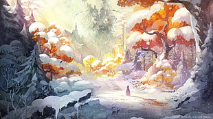 person in the middle of forest illustration, video games, I Am Setsuna, snow, fantasy art
