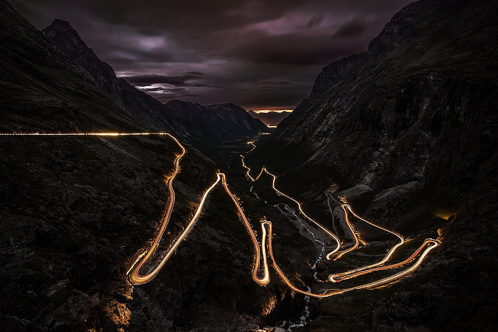 concrete road, road, night, lights, Norway HD wallpaper