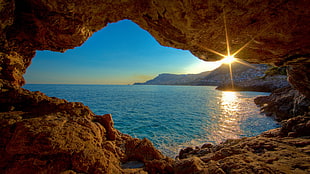 brown cave, sea, cave, nature