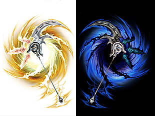 two black swords illustration, scythe, collage, artwork, fantasy art