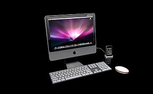 silver iMac with wireless Apple computer keyboard and mighty mouse HD wallpaper