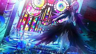 female anime character covered with feathers digital wallpaper, manga, Guilty Crown, stained glass, black