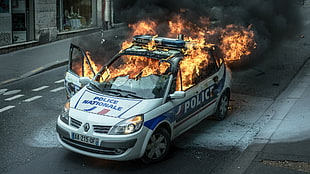 white Renault car, police, car, vehicle, fire