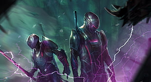 two movie characters wearing black-and-purple suit, futuristic, artwork