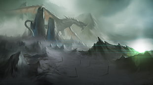 gray dragon digital art, fantasy art, dragon, mist