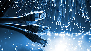 bokeh photography of three blue ethernet cables