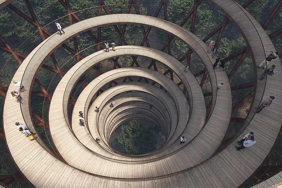 spiral beige stair, architecture, modern, trees, forest HD wallpaper