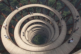 spiral beige stair, architecture, modern, trees, forest HD wallpaper