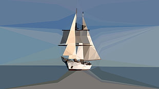 white sail boat illustration, minimalism, blue, horizon, low poly