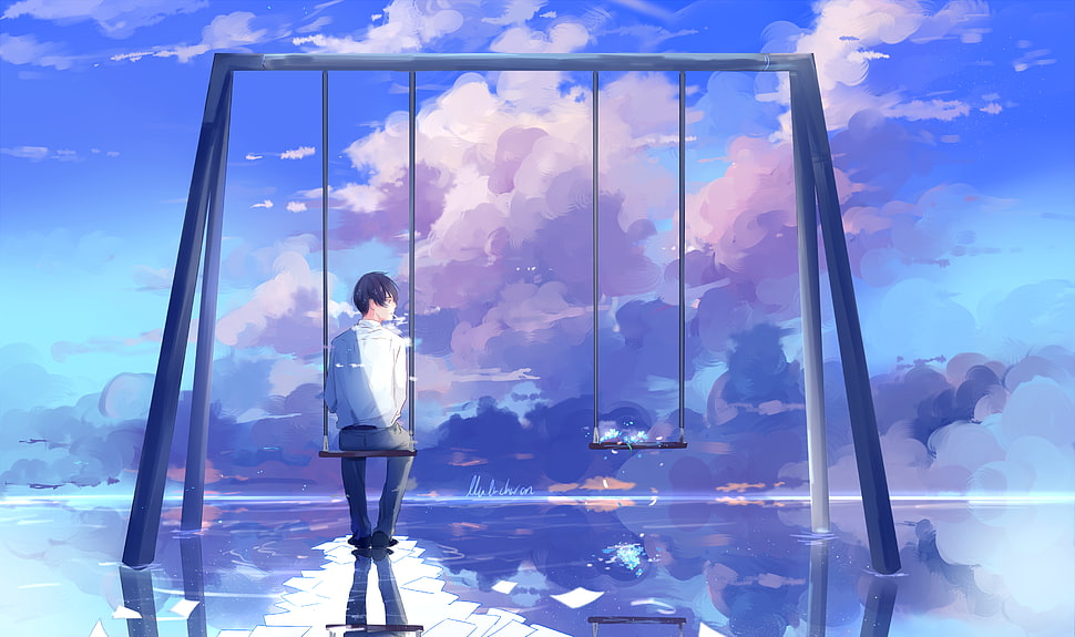 man on swing digital wallpaper, swing, flowers, water, reflection HD wallpaper