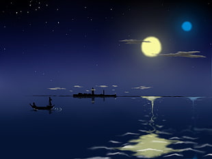 silhouette of person riding boat during night, anime, night, artwork, boat