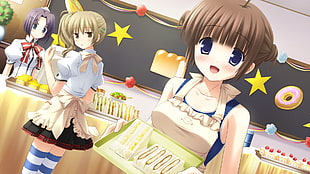 woman holding tray with cake female anime character