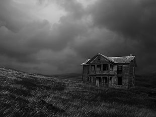 grayscale photo of 2-storey house, dark, monochrome, photography, old