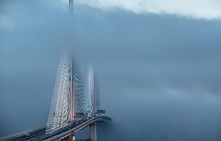 white and black metal frame, Scotland, mist, bridge, rope bridge