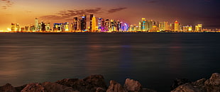 body of water and assorted-color city buildings, landscape, lights, city