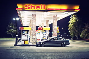 silver coupe, gas stations, car, vehicle, night