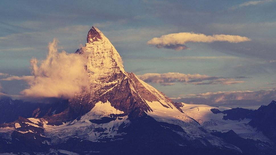 snow covered mountain, mountains, nature, clouds, sunlight HD wallpaper