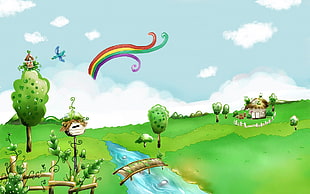 green grass field with rainbow illustration