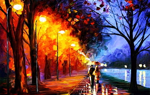 three persons walking on road painting, painting, couple, street light, path