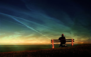 black and red car roof rack, bench, people, water, clouds