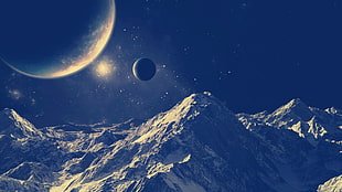 moon above mountains, space, space art, nature, mountains HD wallpaper