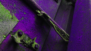 purple and black floral textile, rust, metal