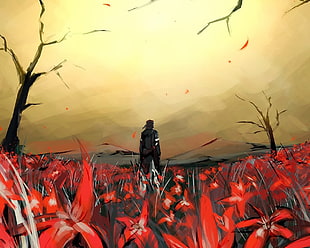 person standing between bare tree surrounded with red flowers, Metal Gear Solid , Metal Gear Solid 3: Snake Eater, video games