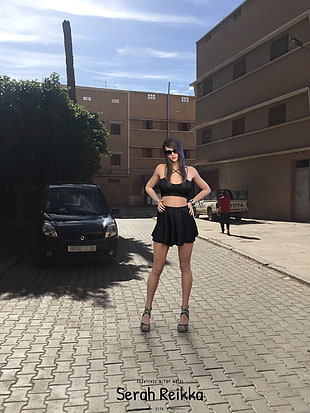 women's black crop top and miniskirt, women, model, fitness model, render