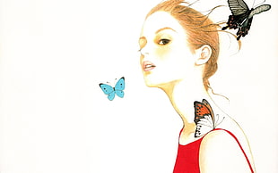 woman's illustration with butterflies HD wallpaper
