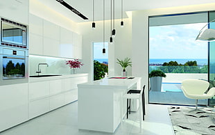 white wooden kitchen isle HD wallpaper
