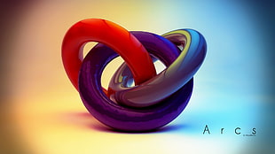 purple, red, and gray rings with Arcs text overlay, abstract, Cinema 4D, digital art, geometry HD wallpaper