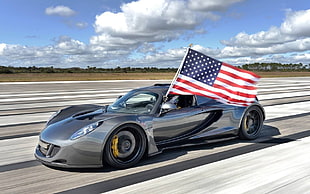 gray coupe, car, USA, flag, American flag